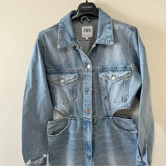 BLOGGERS FAV ZARA LIMITED EDITION CUT OUT SIDE DISTRESSED DENIM JUMPSUIT Size L - Picture 9 of 15